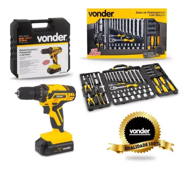 Kit Taladro Batería + Juego Herramientas 110 Piezas Vonder